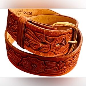 Vintage tooled leather belt size 30 hand finished cognac brass Western Cowgirl